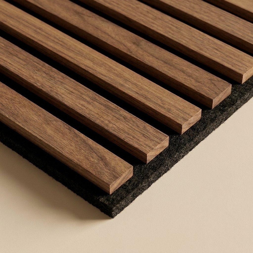 Close view of a slat panel edge and its black felt base