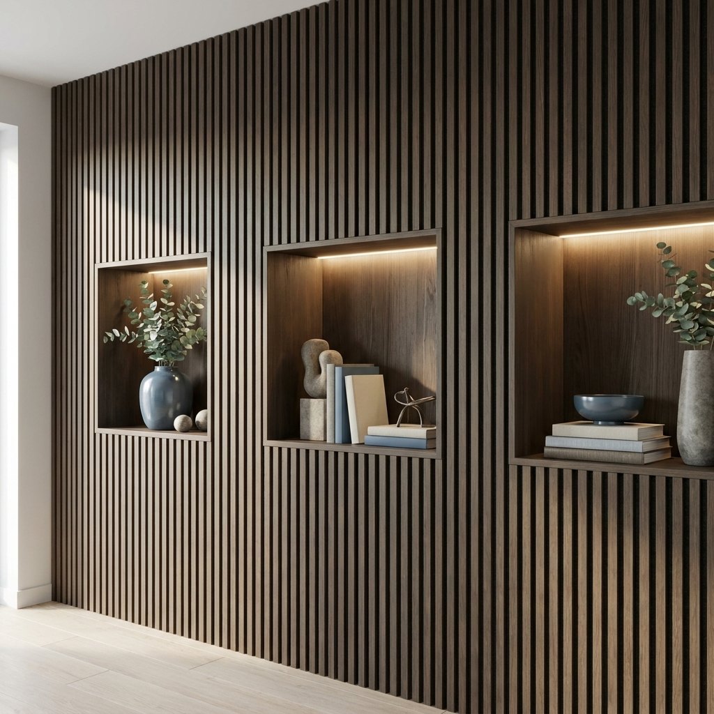 Veneer Slat Feature Wall Panels — 270 × 110 cm — Smoked Oak